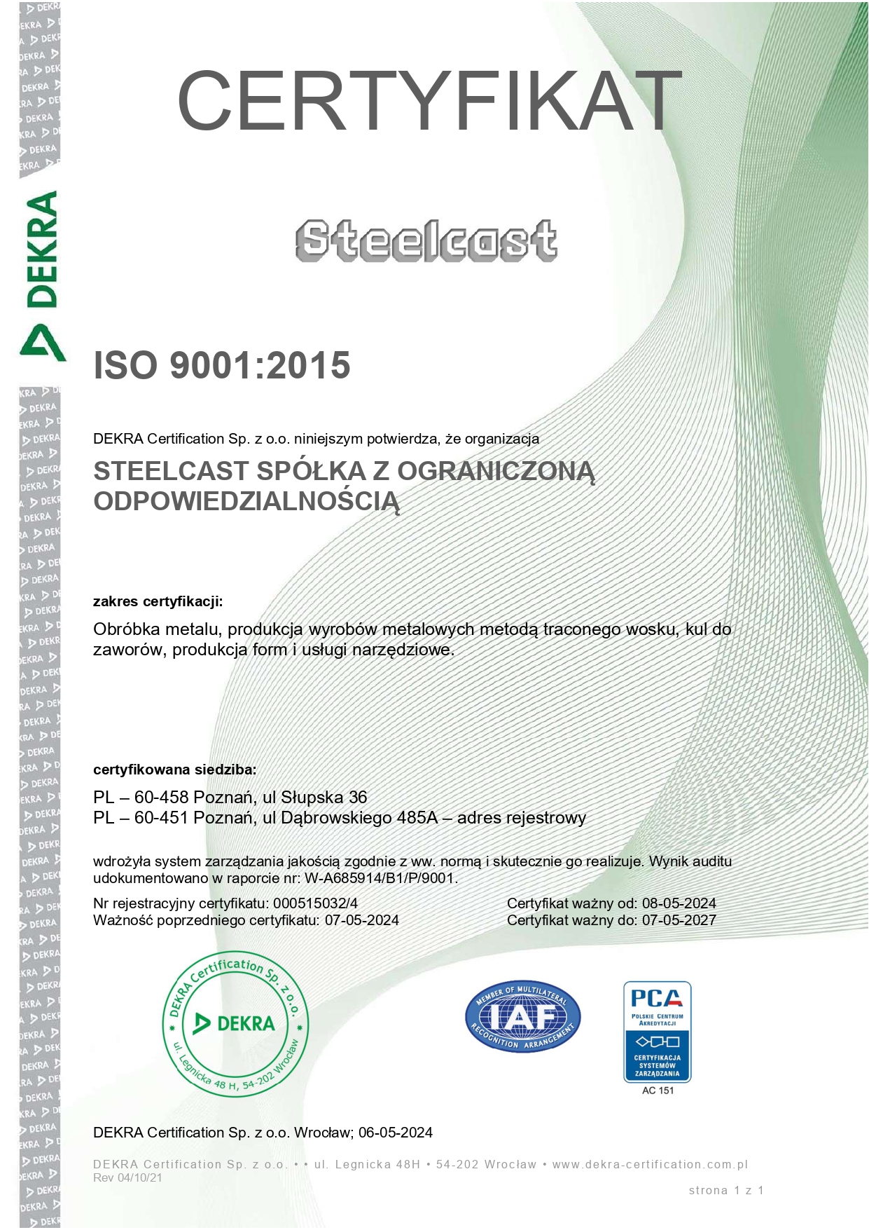 Certyfikat PN-EN ISO 9001:2015 Steelcast